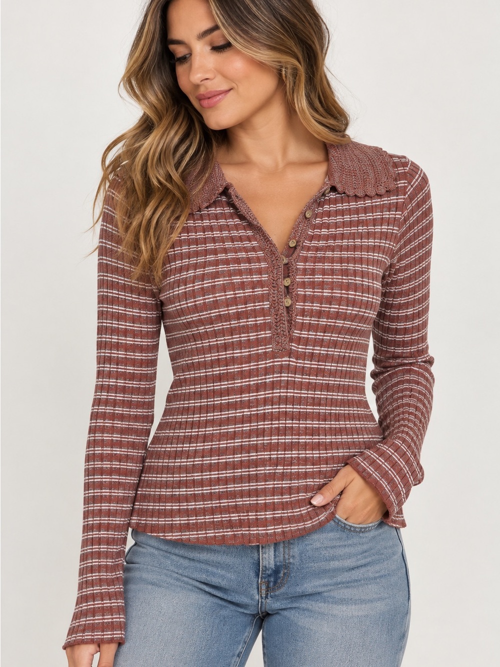 Free People Ribbed Striped Polo Long Sleeve Top - Dusty Rose & White